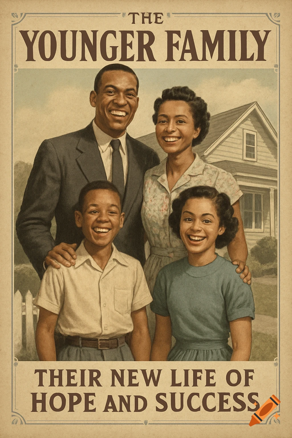Vintage illustration of a smiling Black family (father, mother, son, daughter) with text 'The Younger Family' and 'Their New Life of Hope and Success'.