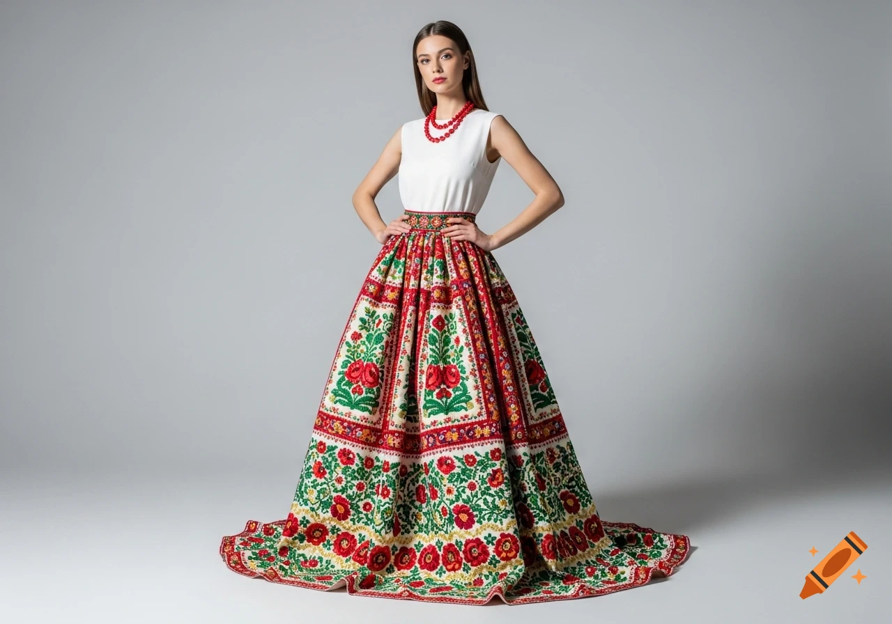 Young woman models a white sleeveless top and a flowing skirt with red, green, gold traditional Croatian folk patterns in a studio.