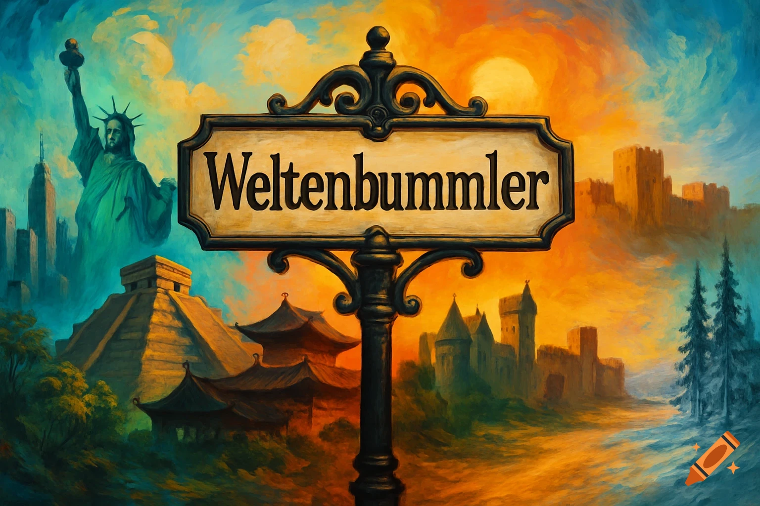 A painterly sign reading 'Weltenbummler' (globetrotter) surrounded by diverse world landmarks including the Statue of Liberty, a pyramid, pagodas, and castles under a vibrant sky.