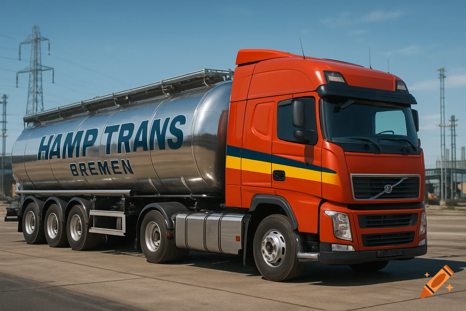 A red semi-trailer truck with a silver tanker trailer, labeled "HAMP TRANS BREMEN," parked outdoors on a clear day.