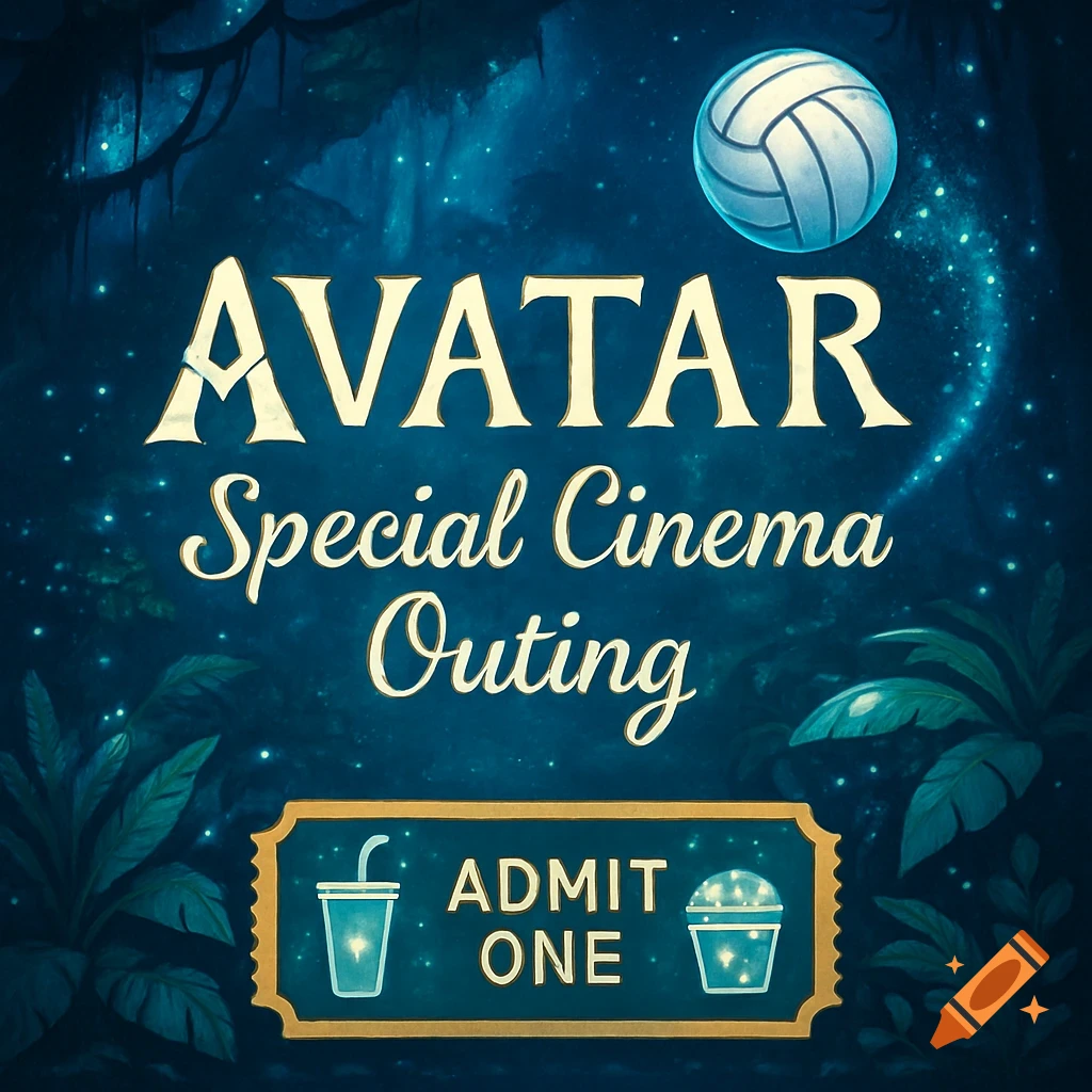 An Avatar-themed cinema voucher with text 'AVATAR Special Cinema Outing ADMIT ONE' and a volleyball against a bioluminescent jungle background.