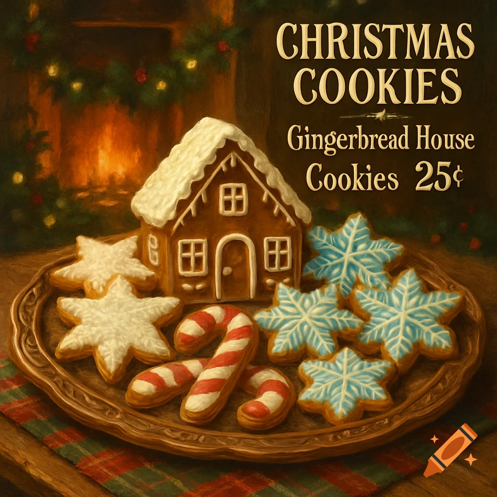 A rustic platter holds Christmas cookies and a gingerbread house. Star, snowflake, and candy cane shaped cookies surround the house, with text reading "CHRISTMAS COOKIES Gingerbread House Cookies 25¢" above. A warm fireplace and garland are in the background.