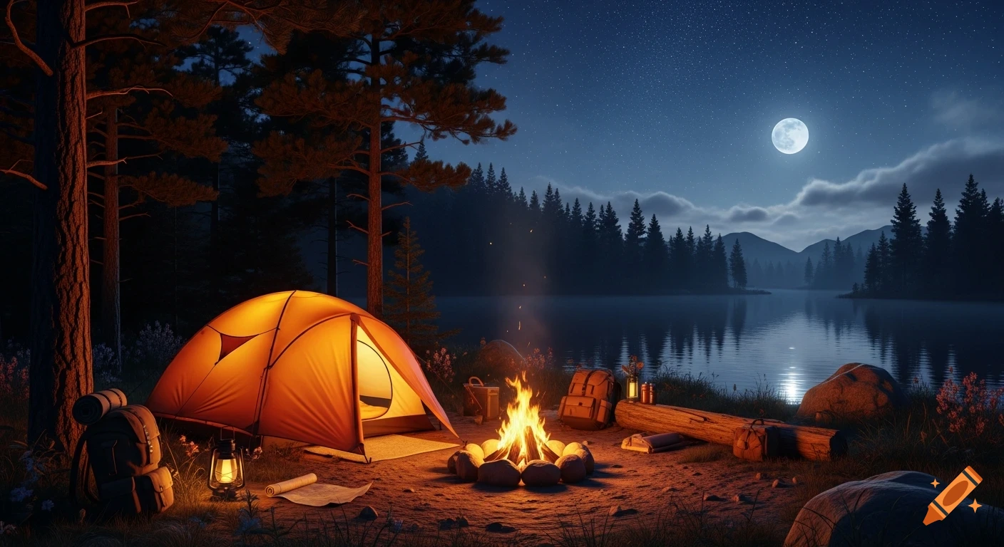 Photorealistic night campsite scene: glowing tent, crackling campfire, and gear beside a calm lake under a starry full moon.