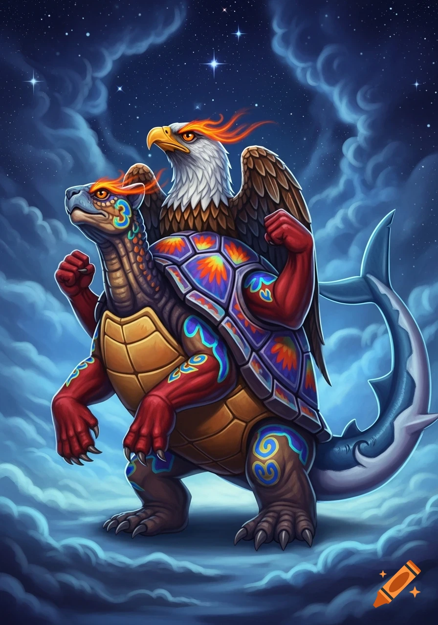 A colorful fantasy creature with a turtle body, red puma-like limbs, an eagle head with fiery plumes, and a shark tail, standing in a cloudy night sky with stars.