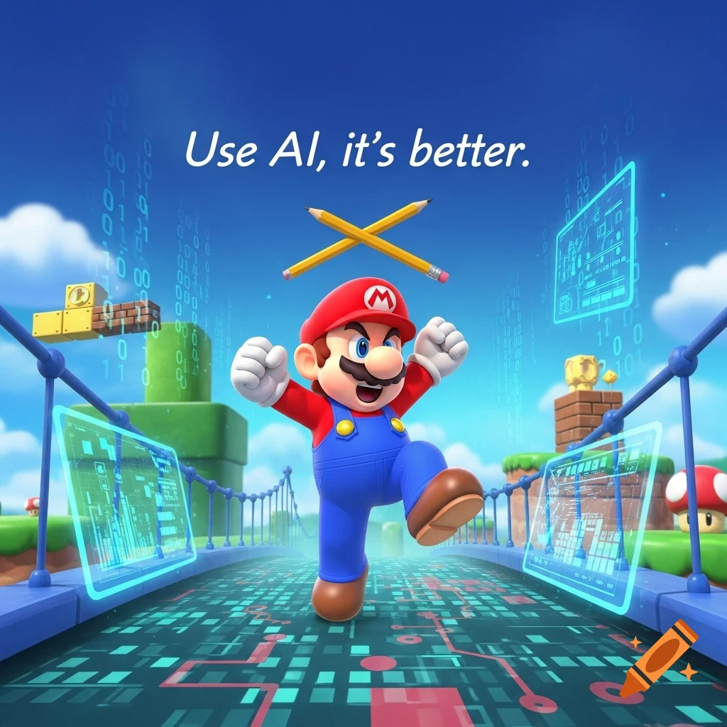 Mario leaps through a digital Mario world with glowing circuits, question blocks, and 'Use AI, it's better.' text.