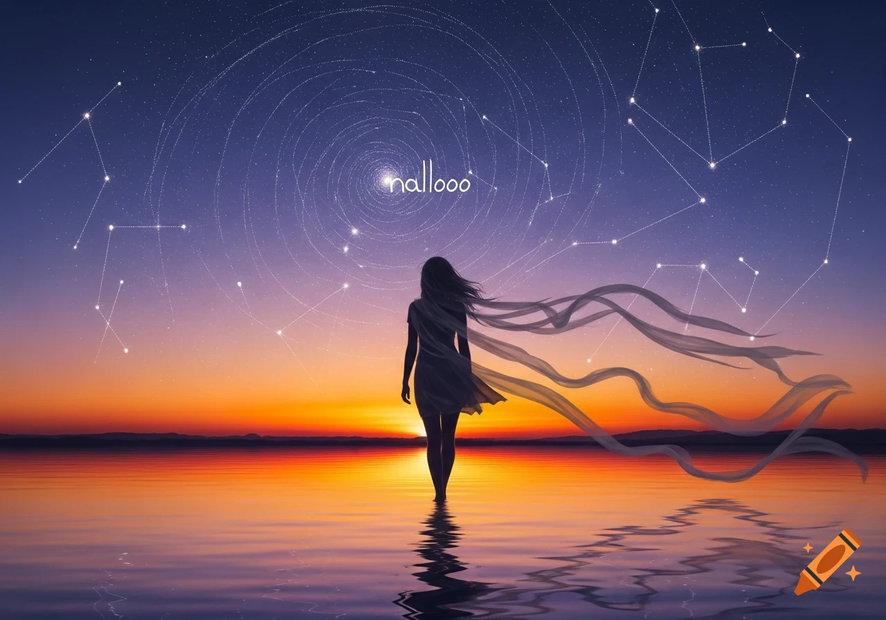 A silhouetted figure stands in water at sunset under a starry sky with constellations and a central spiral.