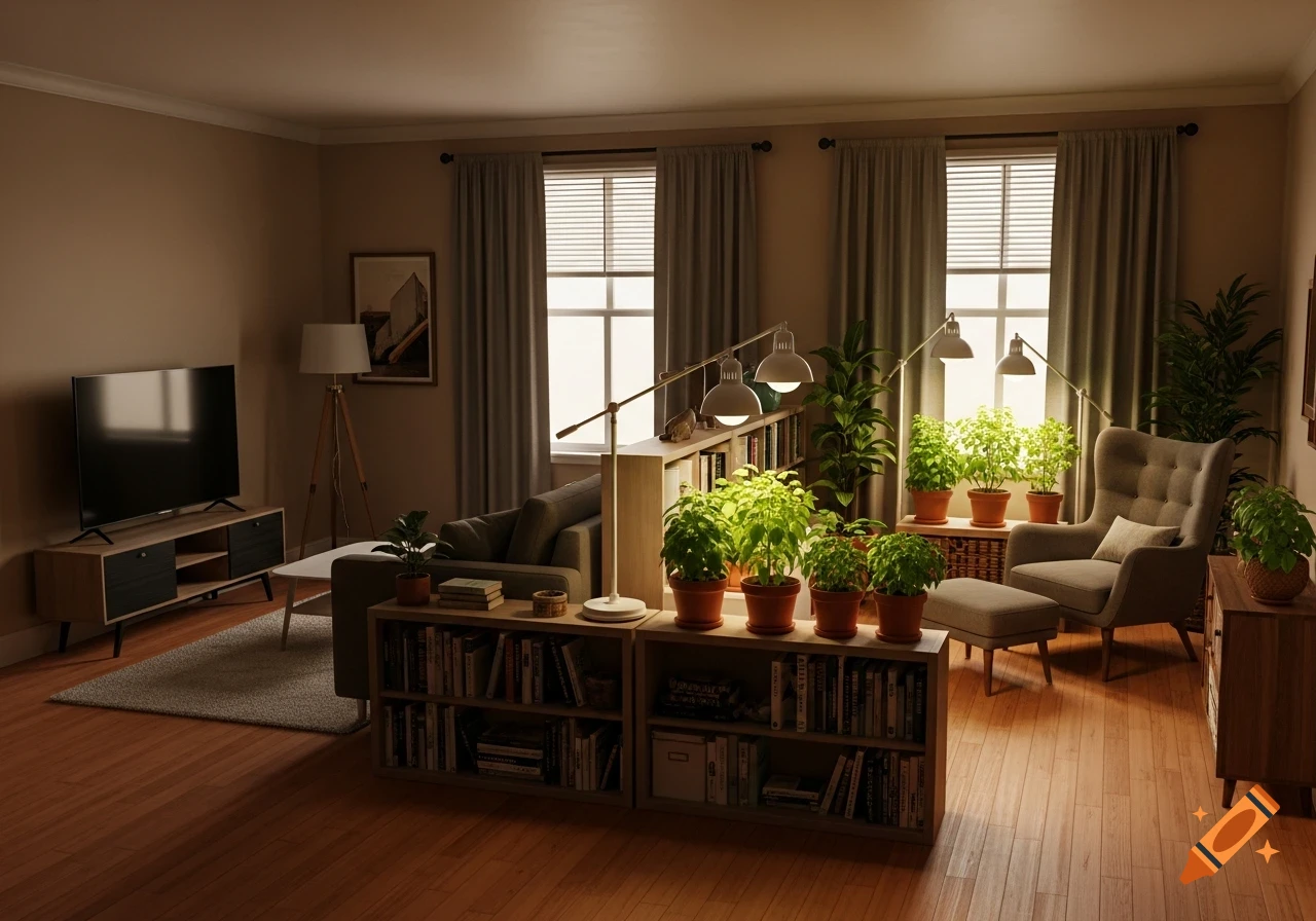 Cozy apartment living room with a sofa, TV, bookshelves, reading nook, and numerous potted plants, bathed in warm lighting.