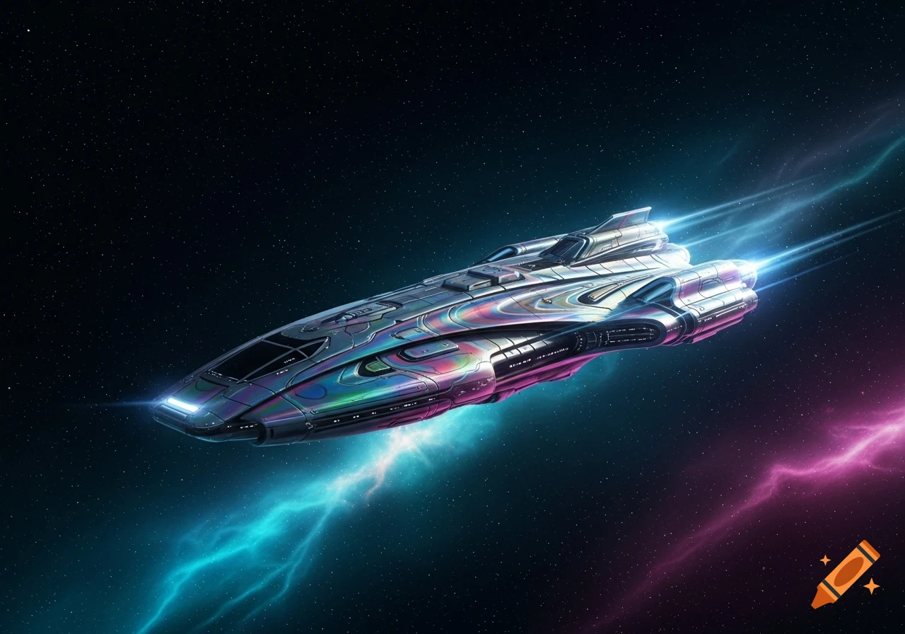 A detailed iridescent alien spaceship speeds through deep space, illuminated by blue engine trails and colorful pink and turquoise nebulae.