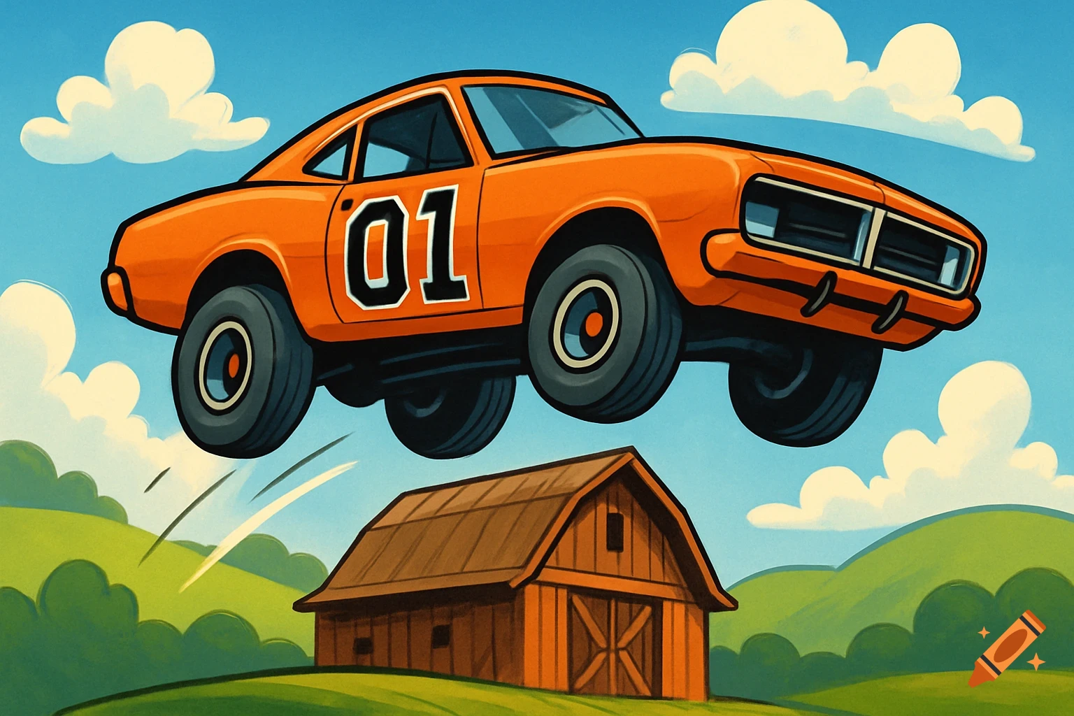 A cartoon orange car with '01' on its side jumps over a brown barn in a green rural landscape under a blue sky.