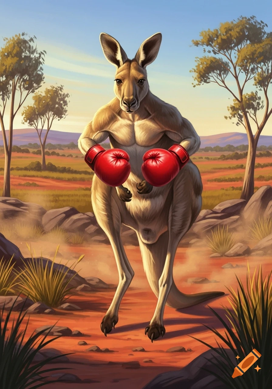 A muscular kangaroo wearing red boxing gloves stands powerfully in a dusty, sunlit Australian landscape.