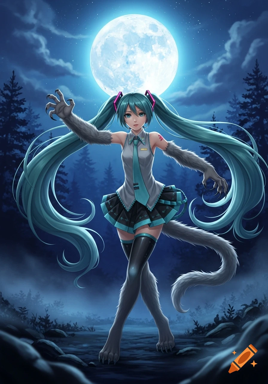 Anime illustration of Hatsune Miku mid-werewolf transformation, posing under a bright full moon in a dark forest.