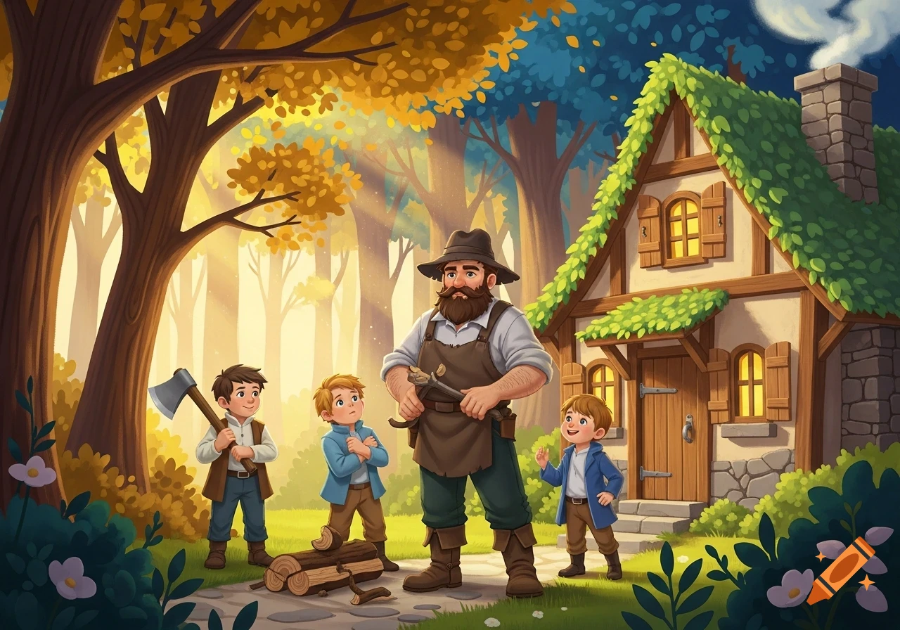 Storybook illustration of a bearded woodchopper with his three sons outside a cottage in a vibrant forest, one holding an axe.