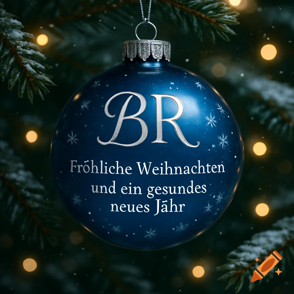 A close-up of a blue Christmas ornament with 'BR Fröhliche Weihnachten und ein gesundes neues Jahr' text, on a snowy fir branch.