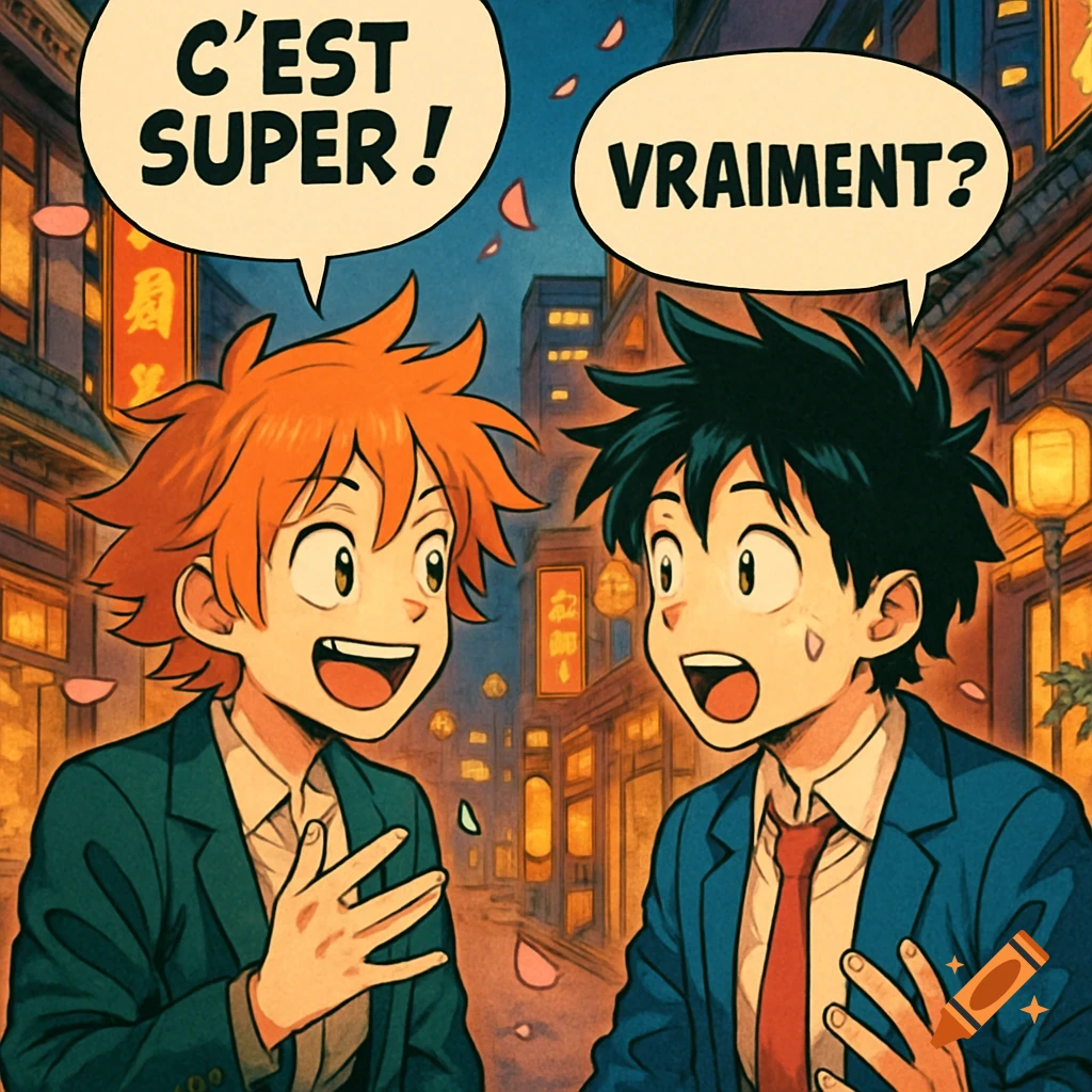 Two anime boys with spiky hair in suits talk on a city street at night, with French speech bubbles 'C'est super!' and 'Vraiment?'