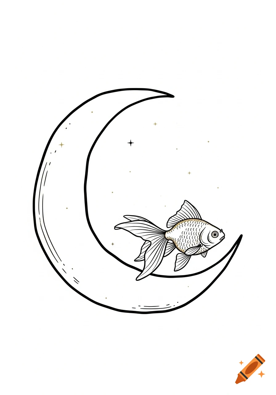 Minimalist line art illustration of a goldfish resting in a crescent moon with small stars.