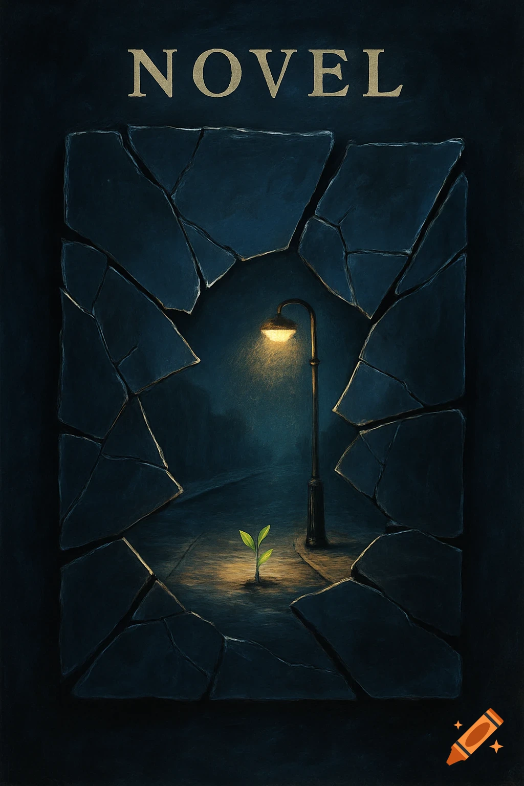 A dark, atmospheric book cover with the word 'NOVEL' above a broken wall revealing a street lamp and a small plant.