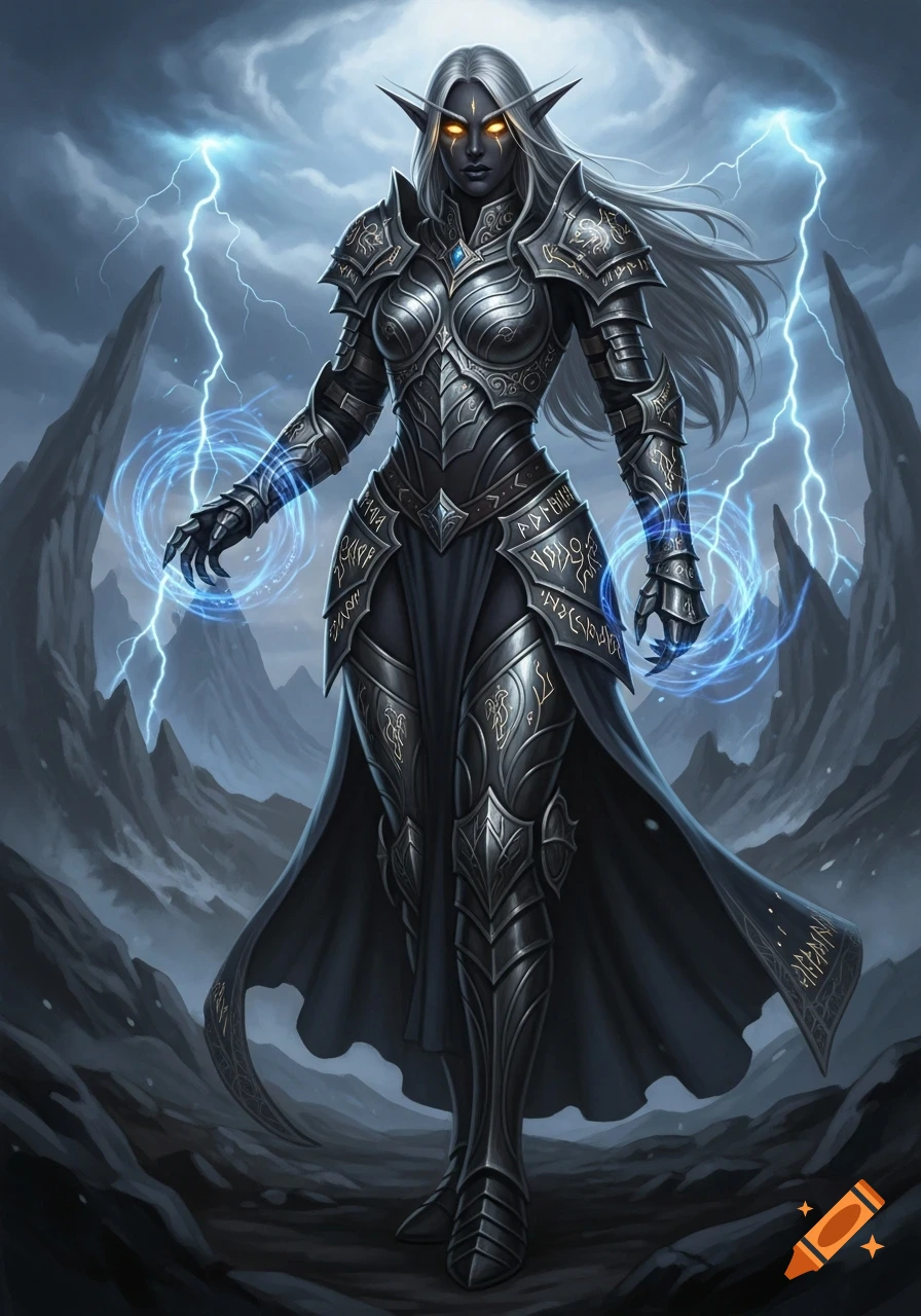 A dark elf warrior in highly detailed full silver and black dragon armor with glowing golden eyes, wielding electric blue magic, stands in a desolate rocky landscape under a stormy sky with lightning.