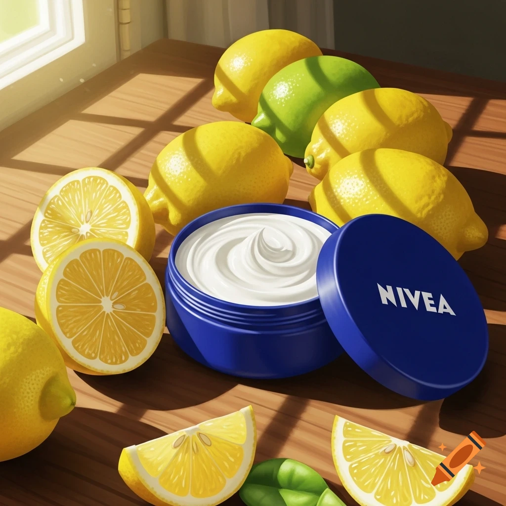 An open blue Nivea cream jar with white cream, surrounded by whole and sliced lemons and one lime, on a sunlit wooden table.