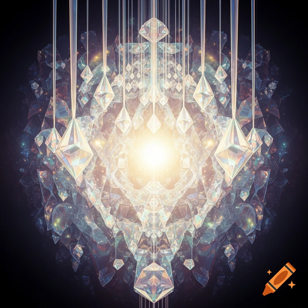 An intricate, symmetrical abstract design of glowing, faceted crystals against a dark background, with a bright central light.