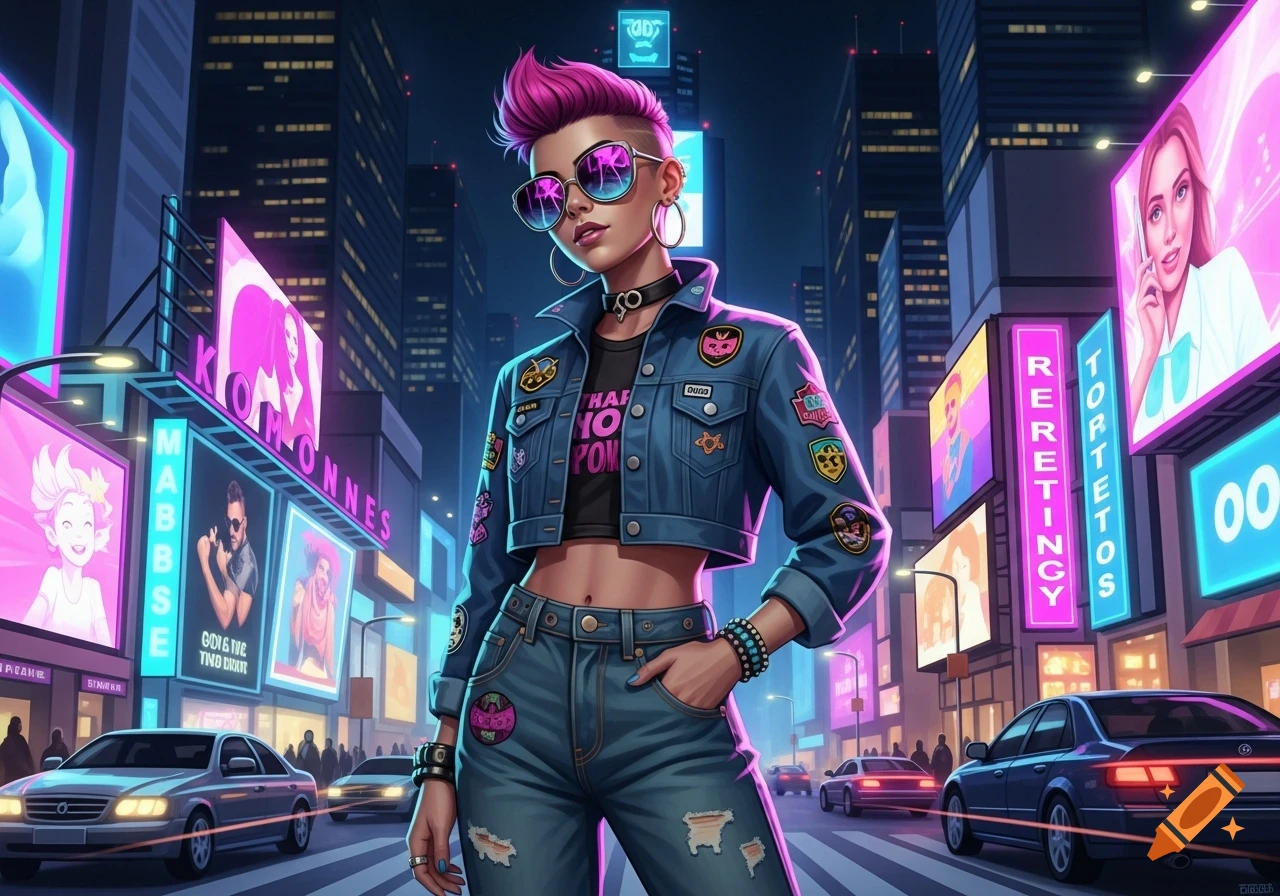A stylized illustration of a woman with pink hair and sunglasses wearing a denim jacket and jeans, standing on a city street at night with neon signs and cars.