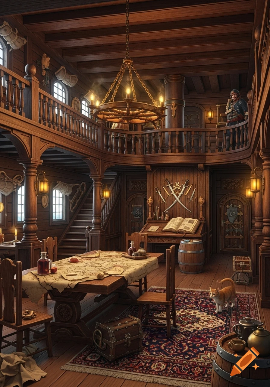 A detailed, richly carved wooden pirate ship interior with a map on a table, a cat on a rug, and a pirate on a balcony.