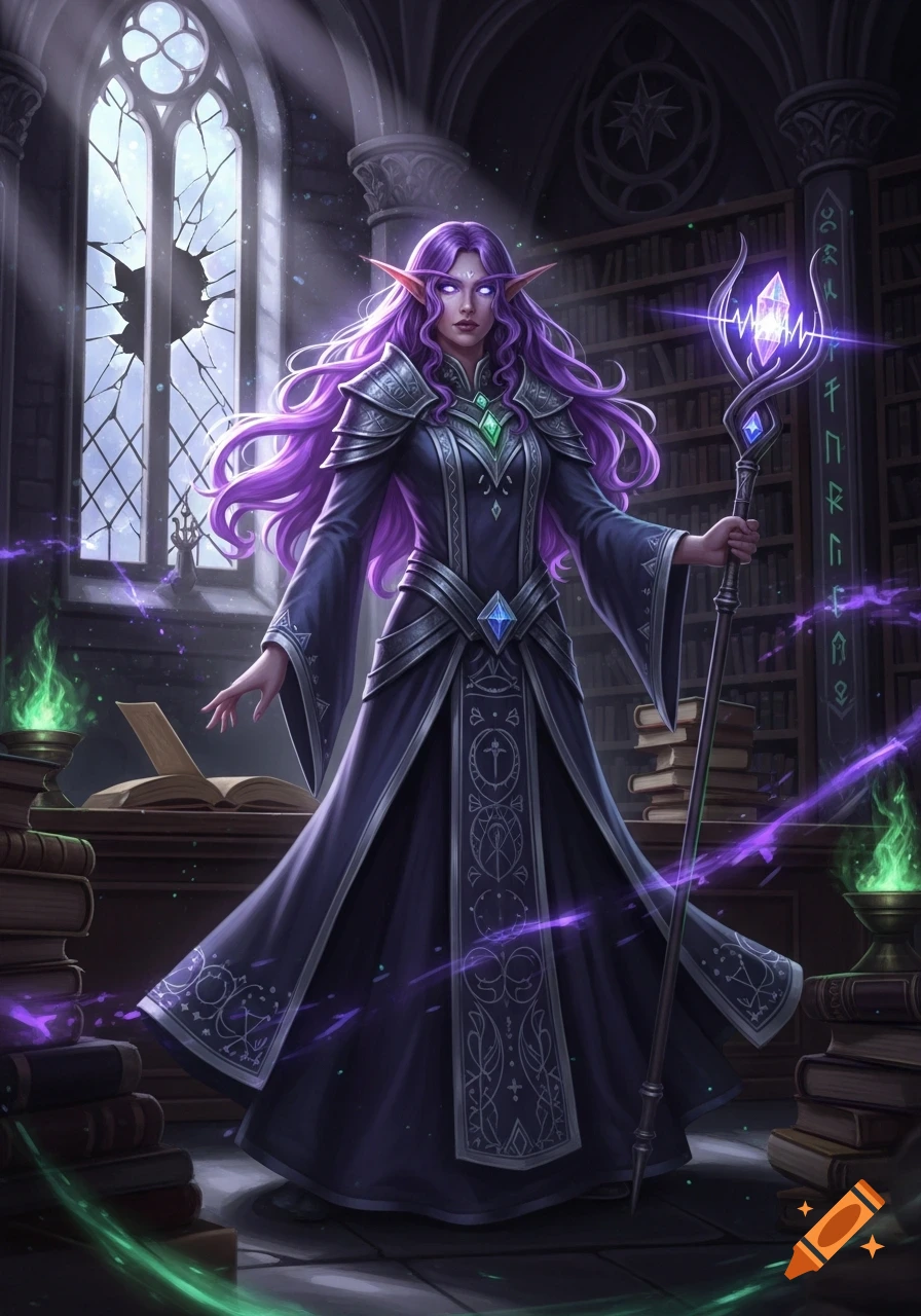 A purple-haired female elf wizard in dark robes and armor holds a glowing staff, surrounded by magic in a library.