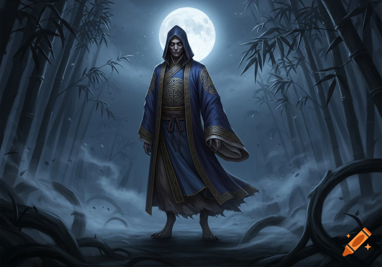 A hooded jiangshi in a blue, ornate robe stands in a misty bamboo forest under a full moon, digital fantasy art.