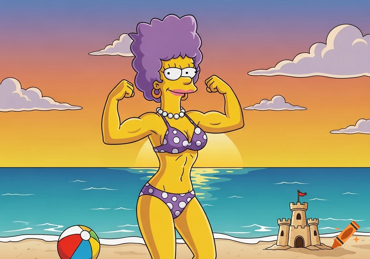 Cartoon of The Simpsons' Carol Berrera flexing muscles in a bikini on a beach at sunset, with a sandcastle and beach ball.