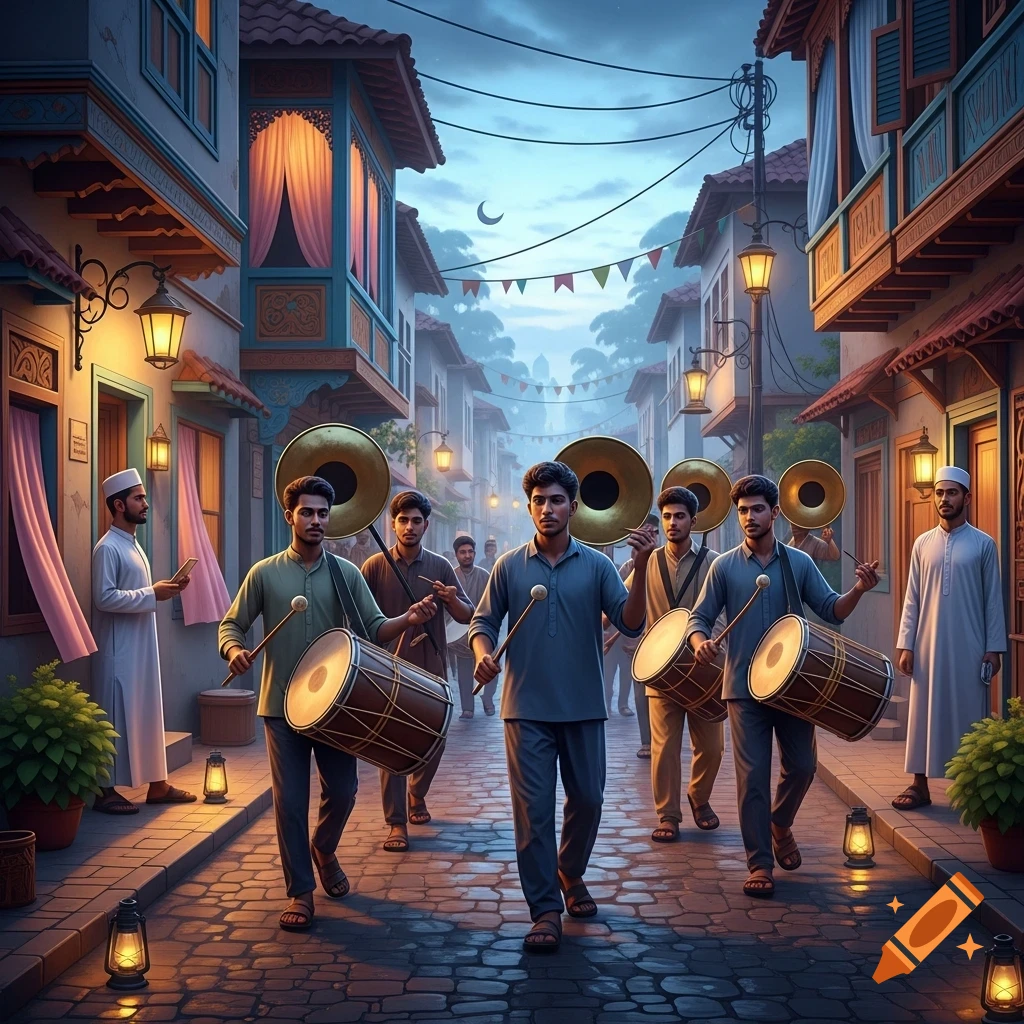 Men in traditional attire play large drums and cymbals on a cobblestone street at dusk, lined with colorful buildings and glowing lanterns.