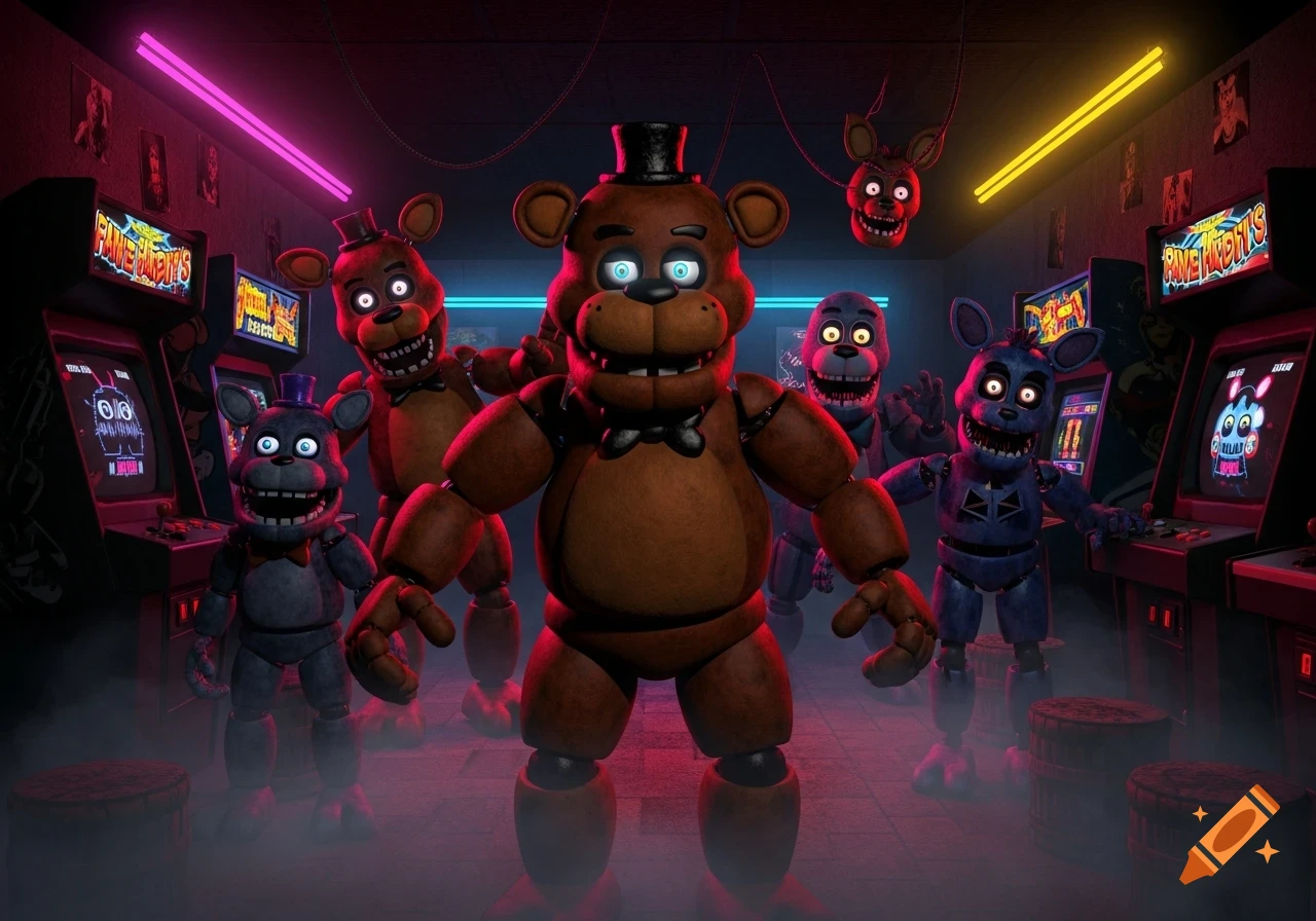 Several animatronic characters from Five Nights at Freddy's stand in a dimly lit arcade with glowing neon lights and arcade machines.