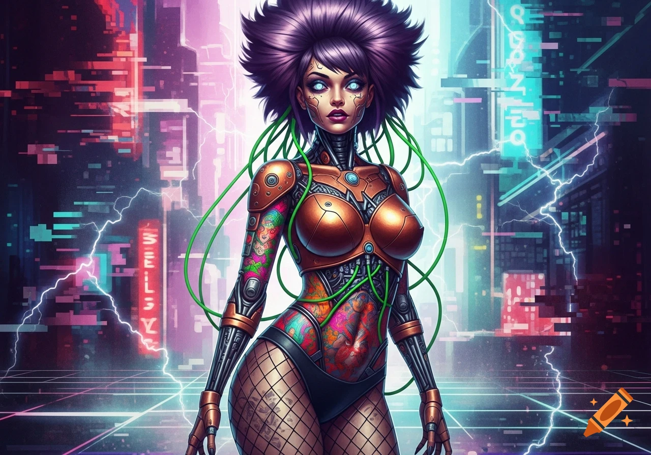 A futuristic android woman with purple hair, glowing eyes, copper armor, colorful tattoos, and green wires, standing against a neon city background with glitch art elements and lightning.