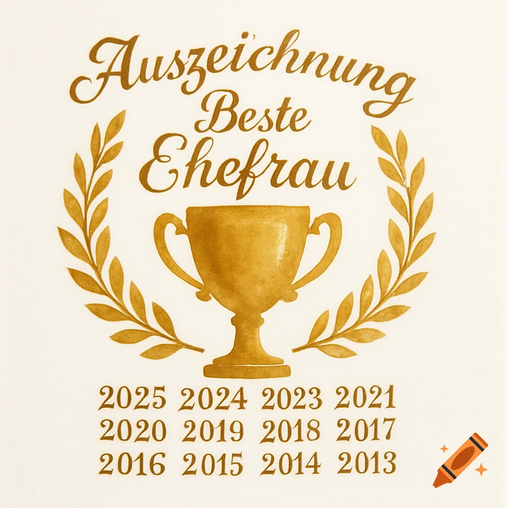 A golden award design featuring a trophy surrounded by a laurel wreath and the German text "Auszeichnung Beste Ehefrau" with a list of years below, all in a warm golden hue on a light background.