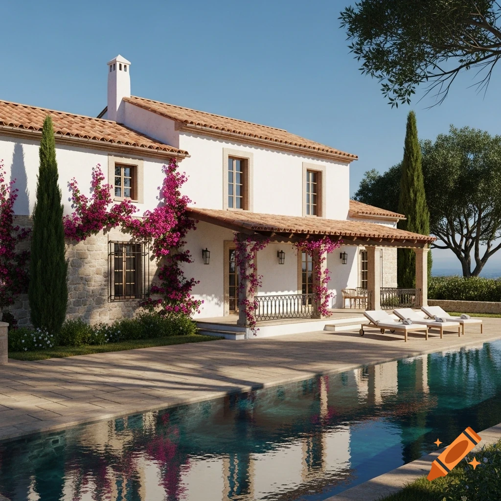 A beautiful Mediterranean-style villa with white walls, a terracotta roof, and bougainvillea, beside a swimming pool on a sunny day.