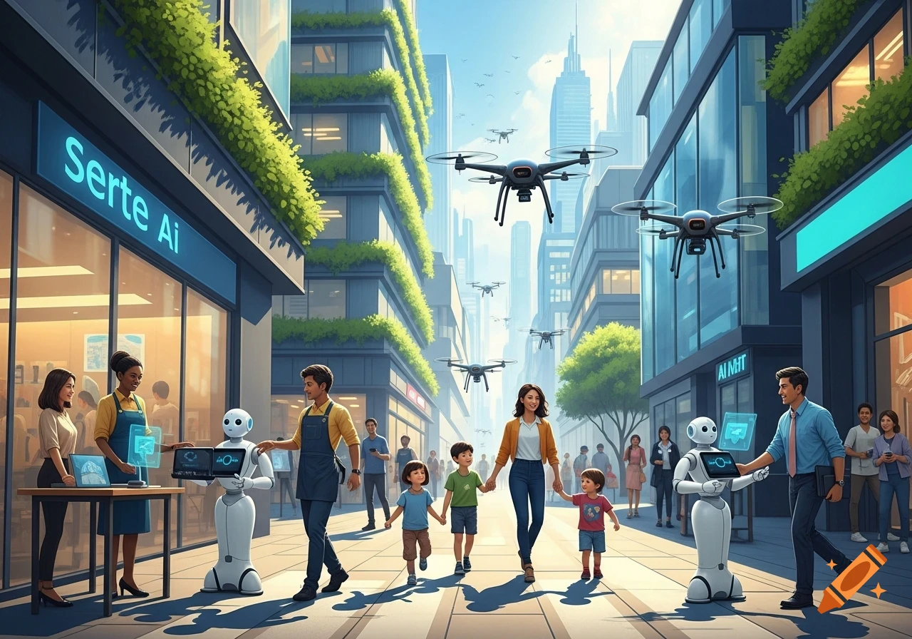 A futuristic city street with people, white humanoid robots, and flying drones, flanked by tall green buildings.