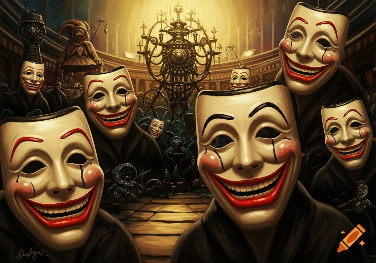 A painting of many smiling, unsettling theatrical masks crowding the foreground, with ominous machinery and hooded figures in a dark, ornate background.