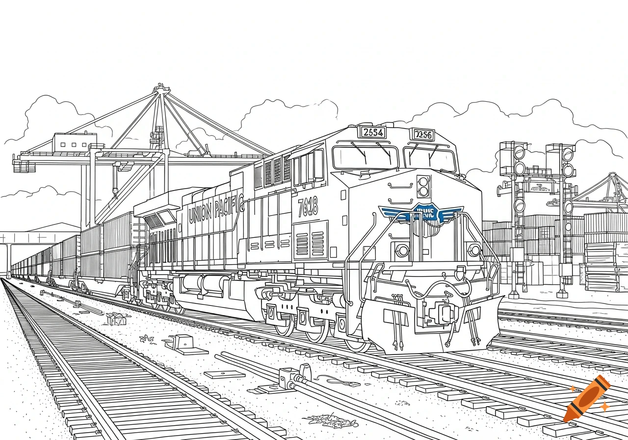 Black and white line drawing of a Union Pacific freight train with double-stacked containers in a busy freight yard with a large crane.
