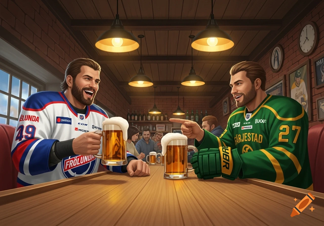 Two smiling hockey players, one in a white Frölunda jersey and one in a green Färjestad jersey, drink beer at a wooden bar in a pub, looking at each other.