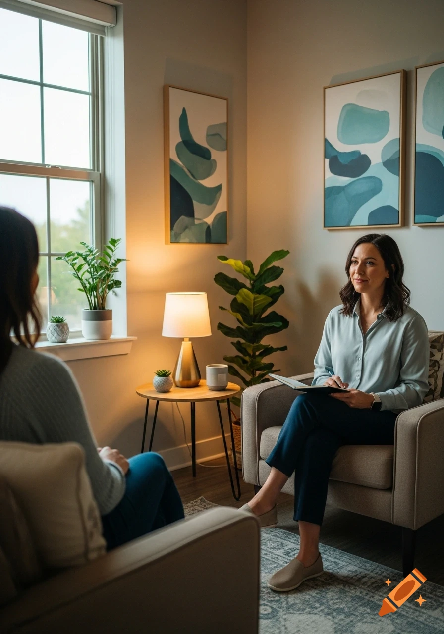 A female therapist takes notes while listening to a client in a modern, plant-filled counseling office.