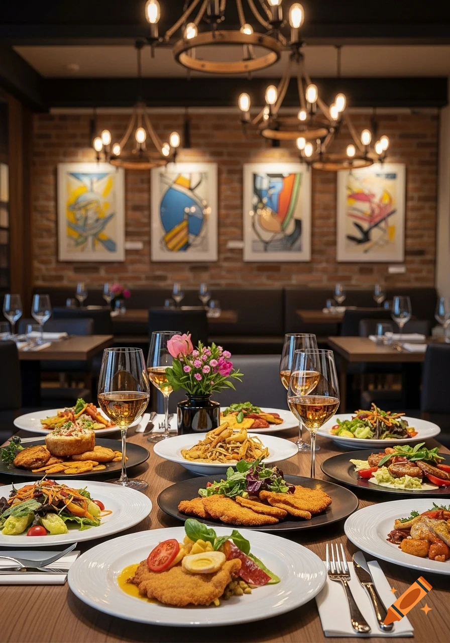 A warmly lit restaurant dining room with a table set with many plates of food, wine glasses, and a flower centerpiece.