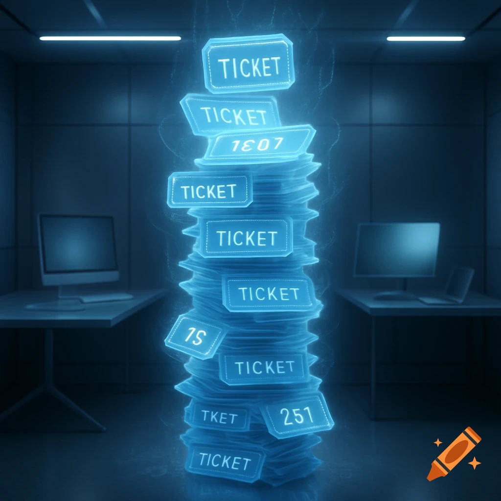 A tall, glowing blue stack of digital tickets, some labeled "TICKET" and others with numbers like "251", stands in a dark room with blurred computer workstations in the background.