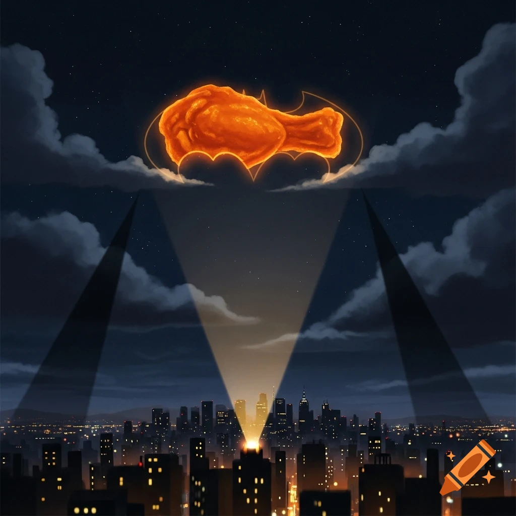 A glowing orange buffalo chicken wing in the shape of a bat signal shines over a dark city at night.