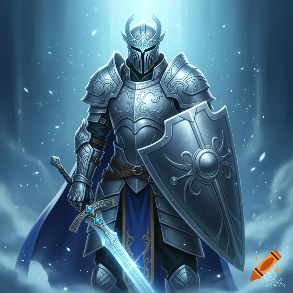 A majestic knight in shining silver armor, wielding a glowing blue sword and shield, stands in a mystical, blue-lit setting.