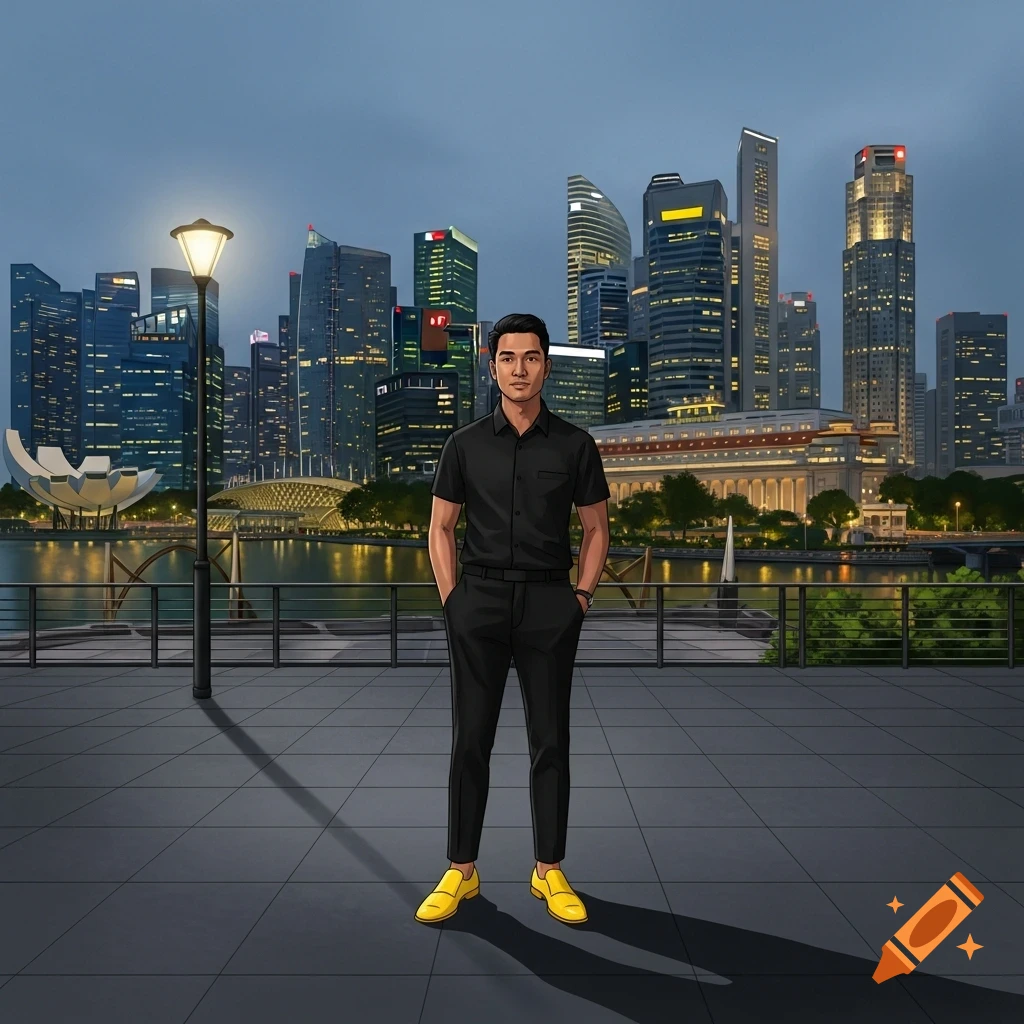 Illustrated man in black shirt, black pants, and yellow shoes standing by a railing with a city skyline at dusk in the background.