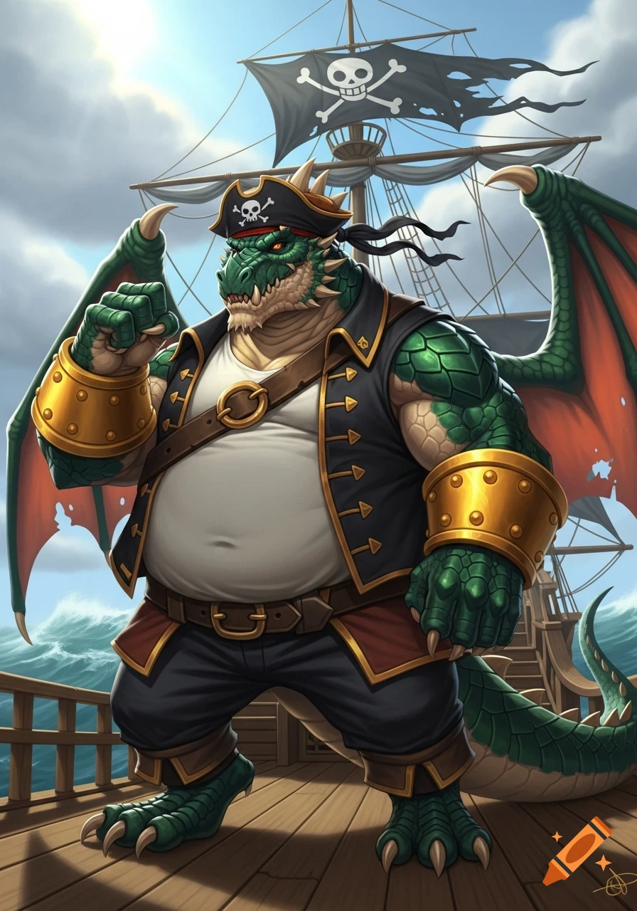 A green humanoid dragon pirate with a black hat, gold bracers, and a skull flag stands on a ship deck.