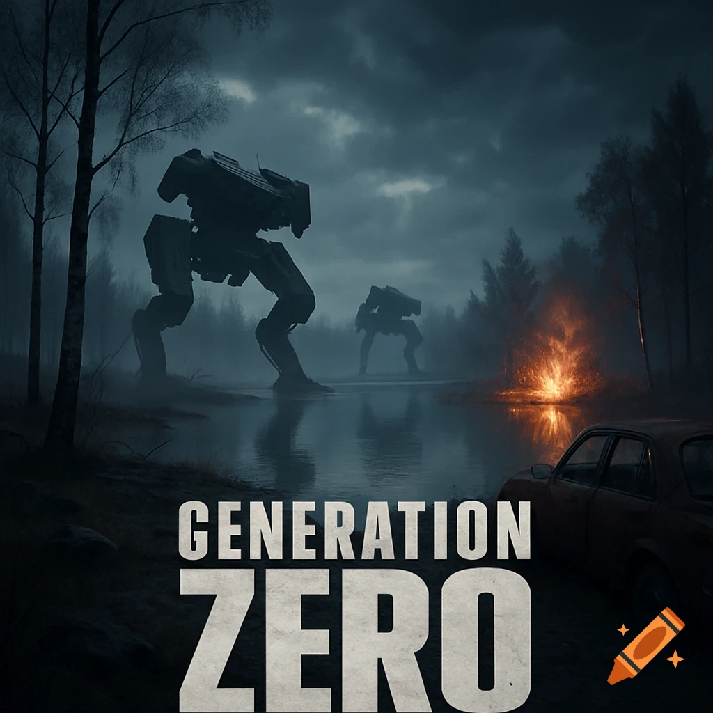 Two large, dark sci-fi robots stand in a misty forest scene with a burning car in a dark, atmospheric, video game art style. The text "GENERATION ZERO" is at the bottom.