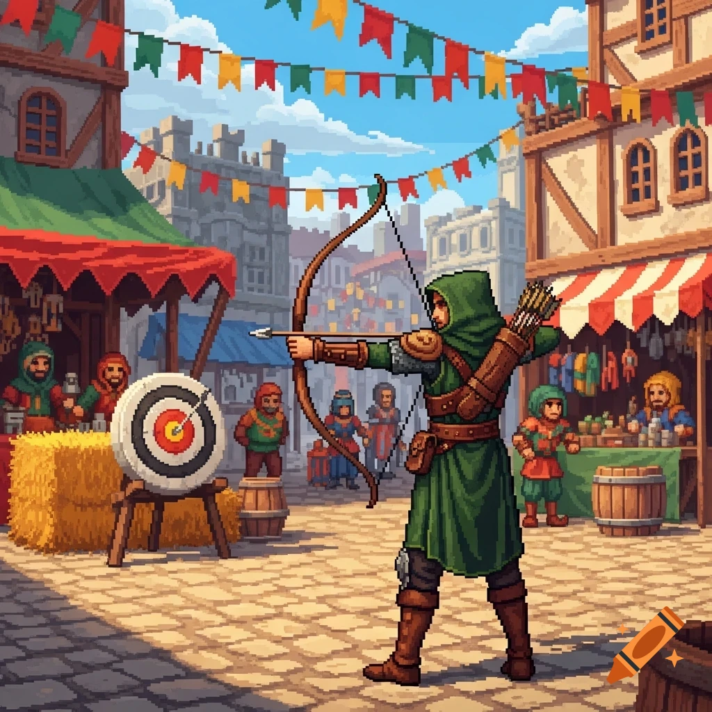 A pixel art medieval market scene with an archer in green aiming at a target, surrounded by stalls and people.
