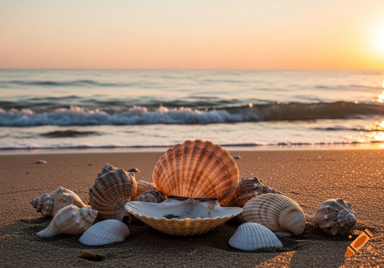 Photorealistic image of various seashells on a sandy beach at sunset, with calm waves in the background.