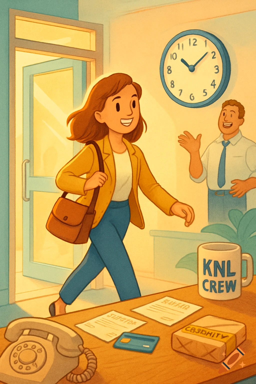 A warm, cheerful illustration of a smiling woman entering an office, greeted by a male colleague. A desk with a phone, papers, and a mug sits in the foreground.