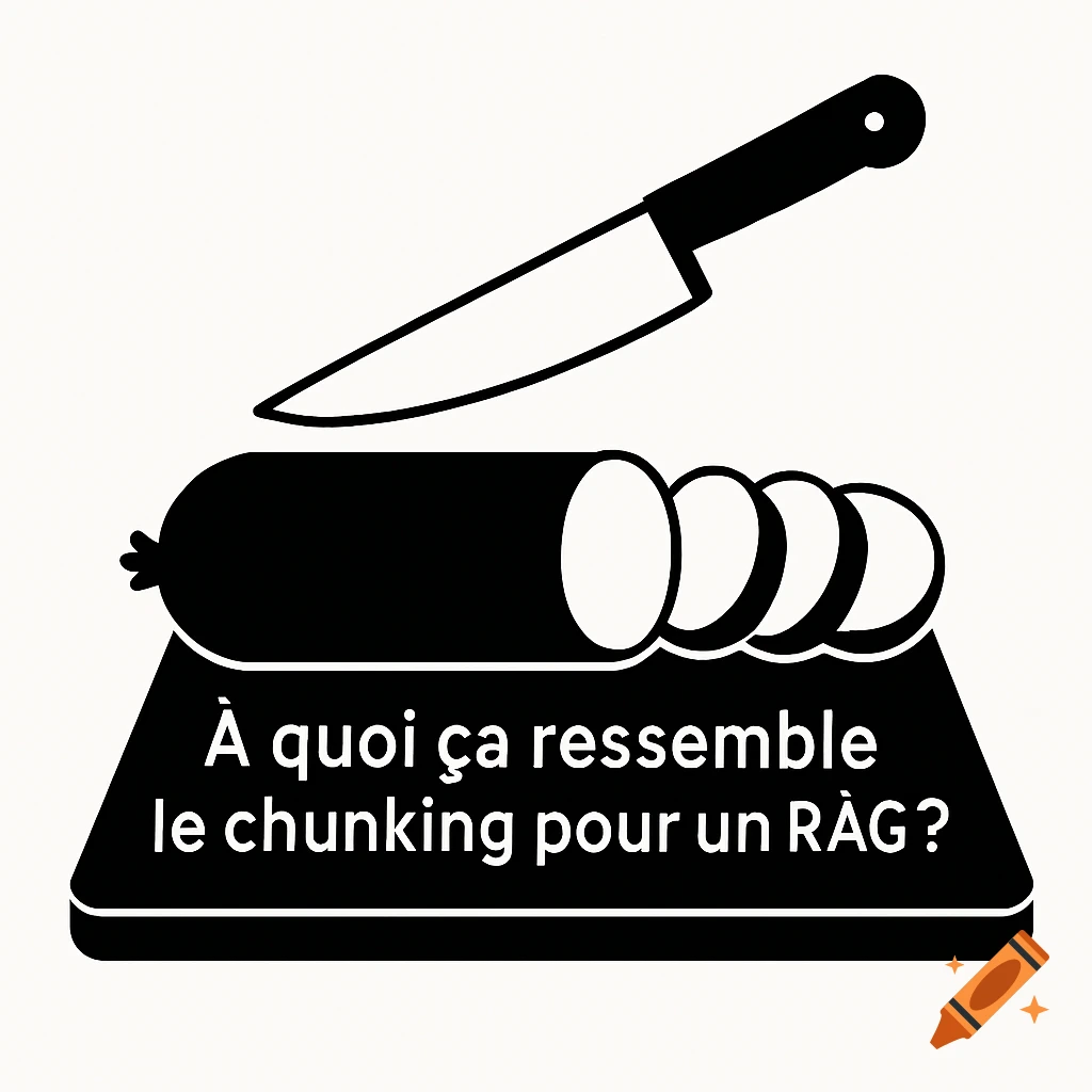 A simple black and white illustration of a knife slicing a sausage on a cutting board, with text that reads " À quoi ça ressemble le chunking pour un RÀG?".
