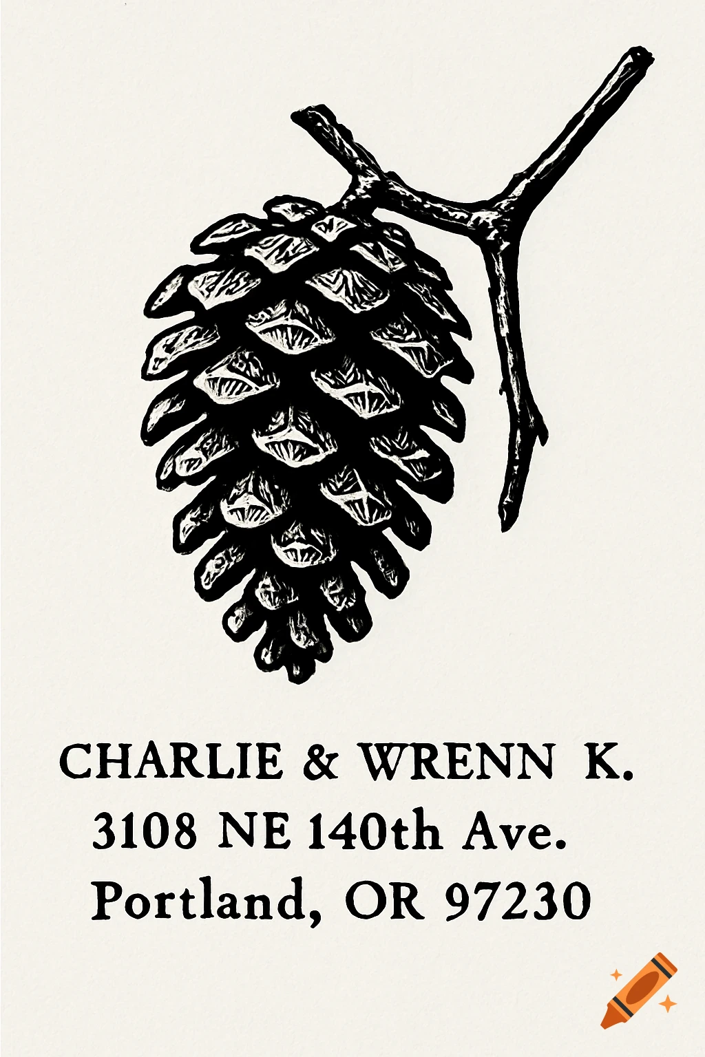 Monochrome linocut print of a pinecone on a branch above a three-line address.